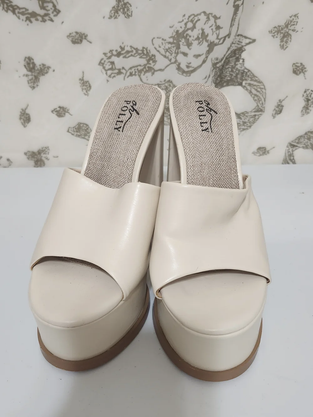 Oh Polly Beige Chunky Platform Slide Heels